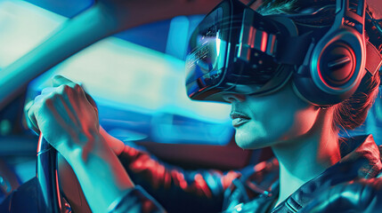 Stylish woman in the VR googles, holding steering wheel and driving a car - obrazy, fototapety, plakaty