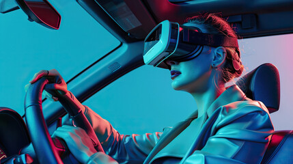 Stylish woman in the VR googles, holding steering wheel and driving a car - obrazy, fototapety, plakaty
