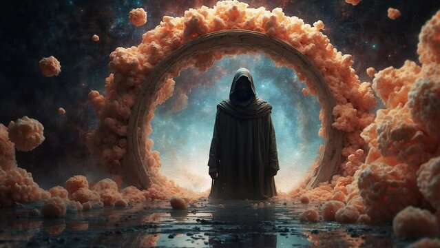 A man stands before a portal that appears to lead through time and space, creating a concept of adventure and exploration in a distant future