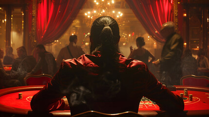 cinematographic picture of a man with low ponytail dark har from behind sitting at a black jack table in a smoky dark room, red curtain on the back, people busy around
