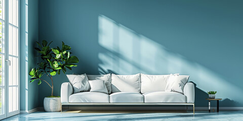 Minimalist living room interior with sofa  and light blue wall and shadow window