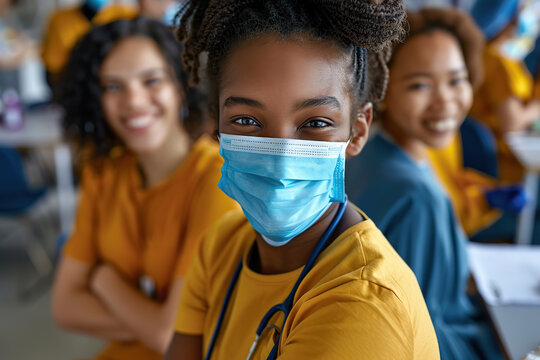 A Diverse Group Of Young Students Wearing Masks In A Classroom Are Studying Medicine And Healthcare To Become Nurses Or Doctors To Protect Human Life. Healthcare. Lots Of Space For Text. Banner