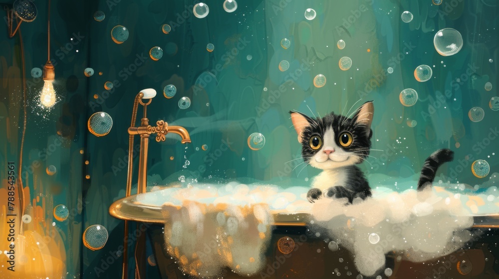 Poster A charming scene of a cat peering into a bathtub filled with bubbles, its expression a mix of curiosity and amusement at the foamy spectacle.