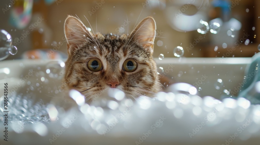 Poster A charming scene of a cat peering into a bathtub filled with bubbles, its expression a mix of curiosity and amusement at the foamy spectacle.