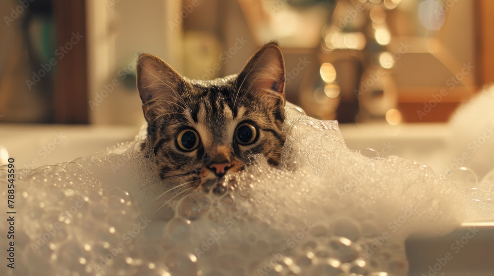 Poster A charming scene of a cat peering into a bathtub filled with bubbles, its expression a mix of curiosity and amusement at the foamy spectacle.