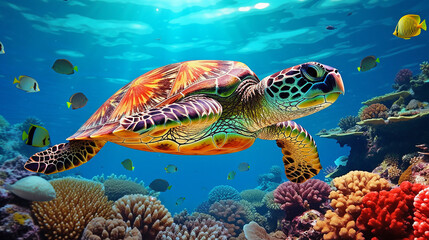 Sea turtle swimming in the ocean among colorful coral reef. Underwater world. Hawaiian Green sea turtle swimming in coral reef. Beautiful Underwater world. Marine life - obrazy, fototapety, plakaty