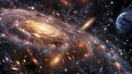 This is an awe-inspiring view of the universe, showing a spiral galaxy with a bright center and...