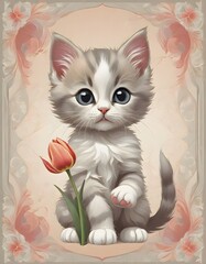 Adorable grey and white kitten holding a vibrant tulip, framed by ornate vintage floral details, evoking a sense of warmth and nostalgia, generated with AI. - obrazy, fototapety, plakaty