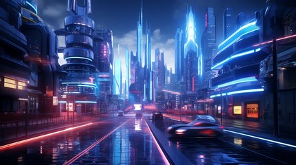 Visualize a futuristic world with CG 3D rendering, combining metallic structures and neon lights in a cyberpunk cityscape, showcasing a harmonious yet dynamic fusion of technology and nature