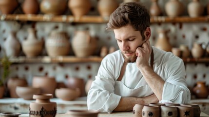 Thoughtful Potter Contemplating His Craft in a Rustic Workshop