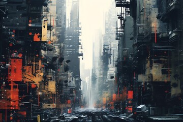 Render a dystopian cityscape where martial artists train amidst chaos, using glitch art to convey the intensity of their achievements from a skewed, close-up perspective - obrazy, fototapety, plakaty
