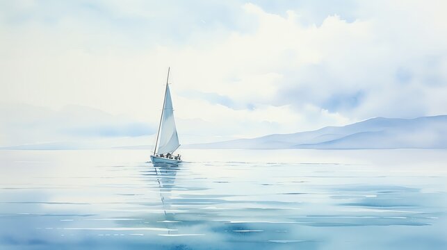 Produce a minimalist watercolor painting of a sleek sailboat amidst vast ocean waves, capturing the essence of maritime tranquility with a unique overhead perspective