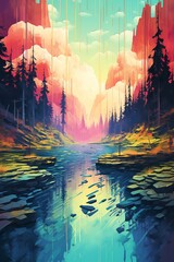 Incorporate the tranquility of nature into a glitch art wonderland, merging serene forests with glitchy distortions, portraying a surreal yet calming landscape