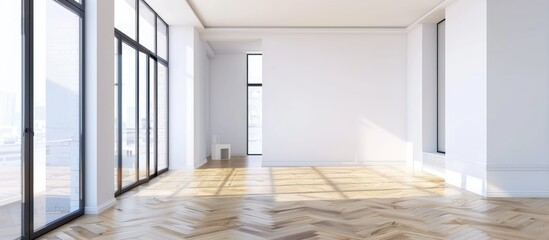 Modern apartment with white walls, featuring a large vacant room adorned with glass windows and a parquet floor.