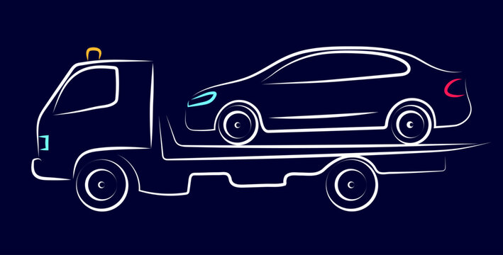 recommend clip art: tow truck with full load, simple side view schematic illustration with white lines on a blue background