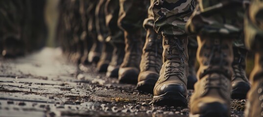 Uniformed Soldiers on a March in Camouflage Gear. - obrazy, fototapety, plakaty