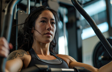 A beautiful woman in her late thirties working out with an isometric line machine at the gym