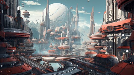 Craft a futuristic cityscape with AI-guided characters wandering through towering metallic structures Show intricate details and vibrant colors in a digital surrealist style - obrazy, fototapety, plakaty