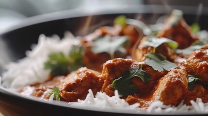 A close-up of a sizzling pan of chicken tikka masala, garnished with fresh cilantro and served with fluffy basmati rice, showcasing the rich and spicy