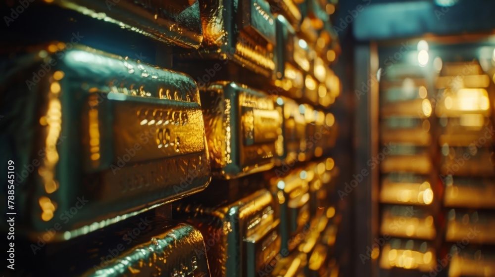 Poster A close-up of gleaming gold bars stacked neatly in a secure vault, symbolizing wealth, security, and financial stability.