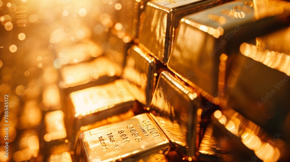 Poster A close-up of gleaming gold bars stacked neatly in a secure vault, symbolizing wealth, security, and financial stability.
