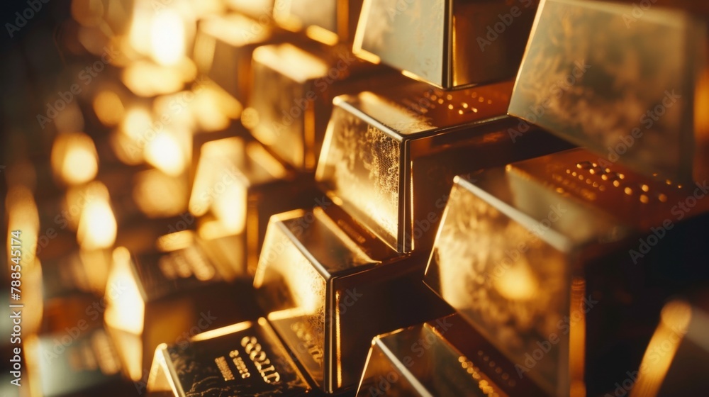 Poster A close-up of gleaming gold bars stacked neatly in a secure vault, symbolizing wealth, security, and financial stability.