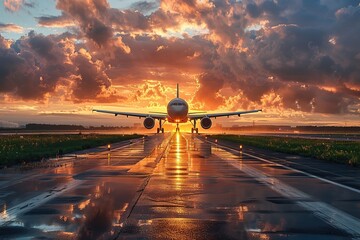 Airplane on the runway against the sunset sky, beautiful clouds and wet asphalt. Scene of a plane landing on wet asphalt. Landscape with an airplane. Charming atmosphere. Travel and adventure concept - obrazy, fototapety, plakaty