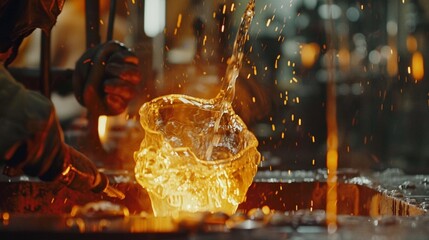 A cinematic shot of workers in a glass manufacturing plant, with molten glass being shaped and blown into exquisite forms by skilled artisans.