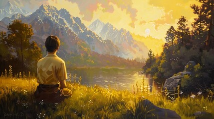 Oil Painting of landscape rivers lakes and mountains people   