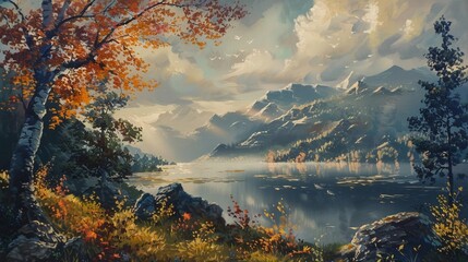 Oil Painting of landscape rivers lakes and mountains people   