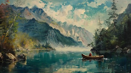 Oil Painting of landscape rivers lakes and mountains people   