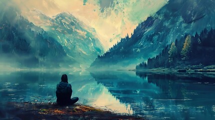 Oil Painting of landscape rivers lakes and mountains people   