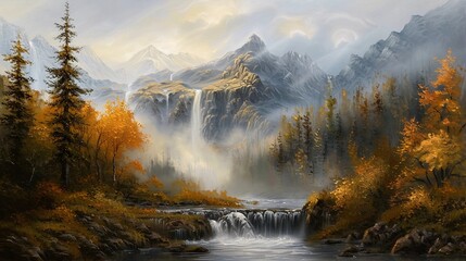 Oil Painting of landscape rivers lakes and mountains people   