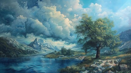 Oil Painting of landscape rivers lakes and mountains people   