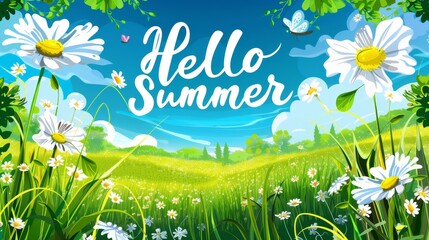 Summer sunny landscape. The inscription Hello SUMMER. The beginning of summer in the northern hemisphere. Illustration