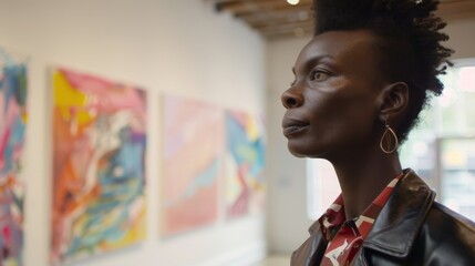 African-American Woman Contemplating Artwork in Gallery