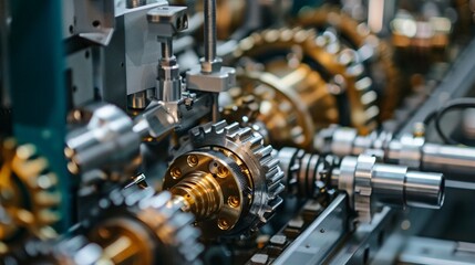 A close-up of intricate machinery in a precision engineering workshop, with gears and cogs turning smoothly as the machine produces precise components.