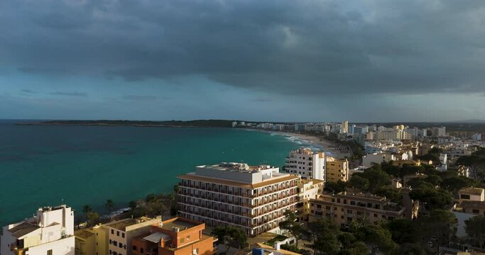 drone aerial from the city of calla millor at Mallorca