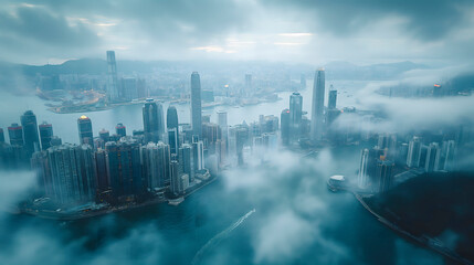 Aerial view of Hong Kong city at night with fog and sky