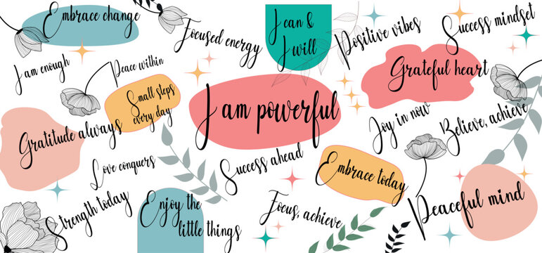 Set of daily affirmation, daily reminder. Print for mugs their, cases. Transparent background