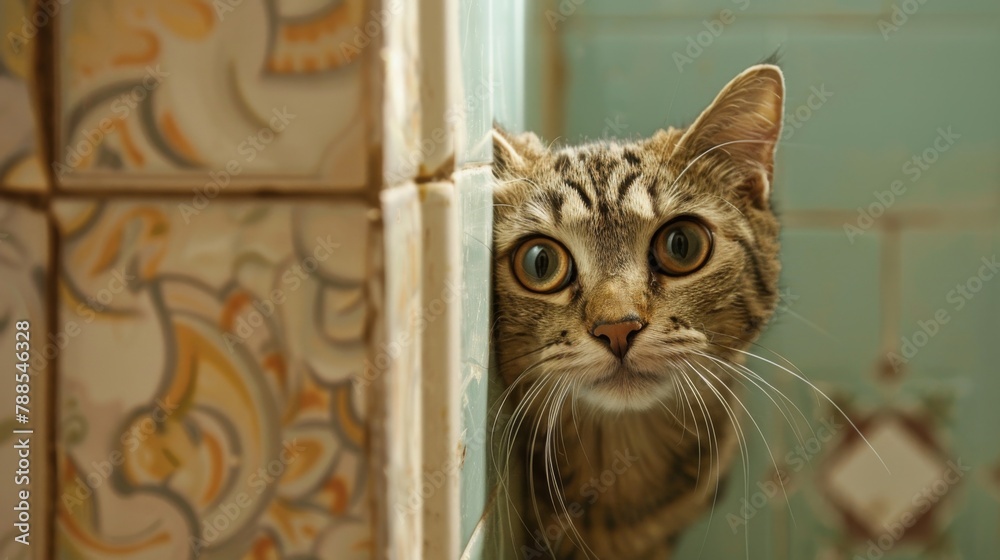 Poster a curious cat peeking out from behind a bathroom door, its whiskers twitching with intrigue as it ex
