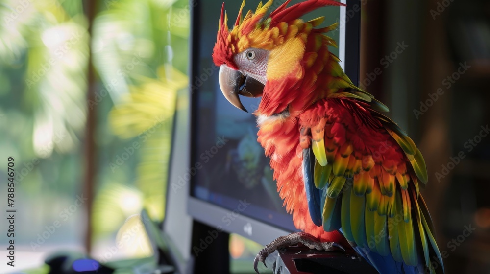 Poster A curious parrot perched on a computer monitor, peering at the screen with colorful feathers ruffled in fascination.