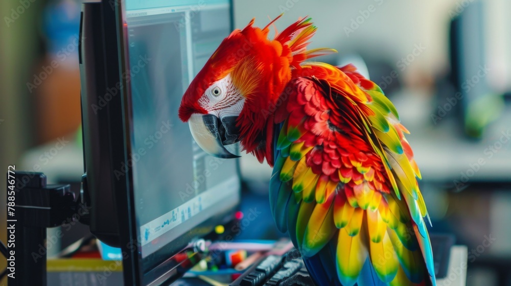 Poster A curious parrot perched on a computer monitor, peering at the screen with colorful feathers ruffled in fascination.