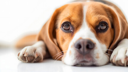Beagle dog lying on the floor and looking at the camera. - obrazy, fototapety, plakaty