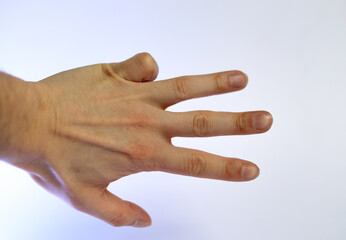 caucasian hand doing communication gesture , number four