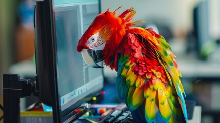 A curious parrot perched on a computer monitor, peering at the screen with colorful feathers ruffled in fascination.