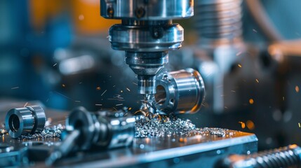 A close-up of precision machining in a metalworking workshop, with intricate components being milled and machined. - obrazy, fototapety, plakaty