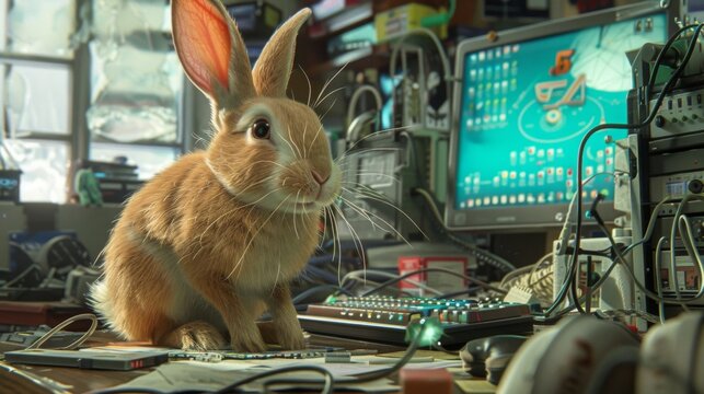 A curious rabbit hopping onto a desk cluttered with computer peripherals, its whiskers twitching with excitement at the digital playground.