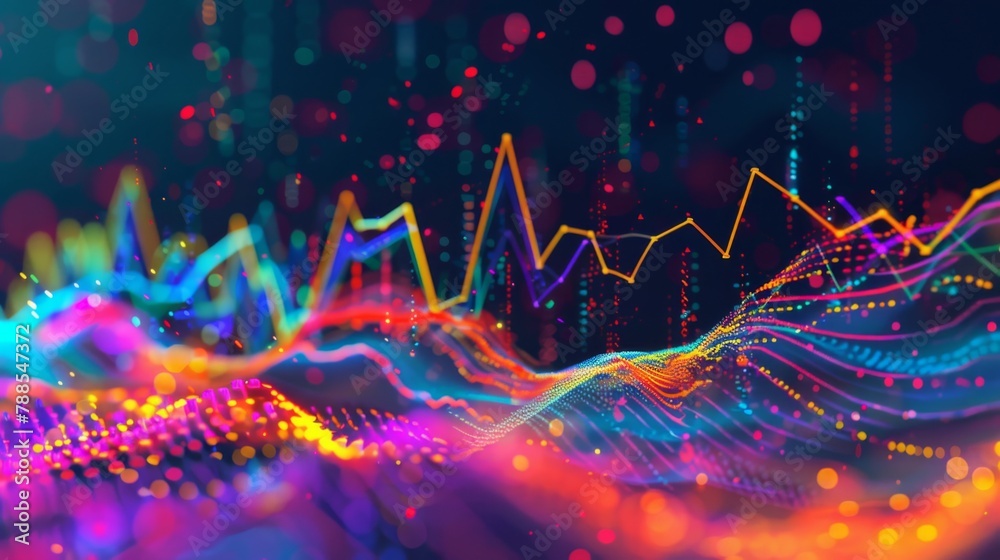 Poster A dynamic stock market graph showing fluctuations in share prices, with colorful lines and bars representing trading activity and trends.