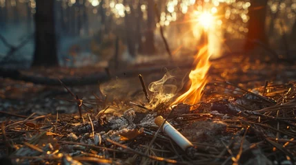 Tuinposter A dramatic image of a cigarette igniting a wildfire in a dry forest, illustrating the environmental devastation and dangers of careless smoking behavior. © Plaifah
